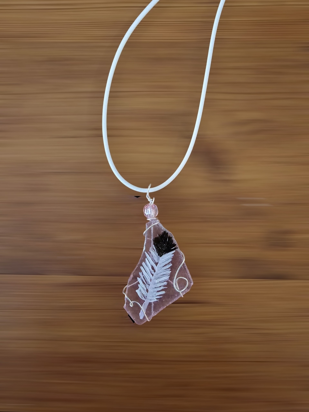 Pink Hand-painted Eagle feather Beach Glass Pendant Necklace with White Cord